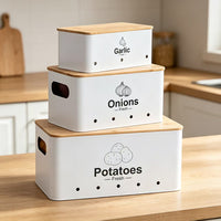 Modern Simple Metal Vegetable Storage Canister Set of 3 for Kitchen, Breathable for Potatoes, Onions, Garlic