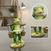 Cute Frog Figurine with Shoulder Pole Whimsical Cartoon Frog Statue Decorative Sculpture Funny for Collectors, Living Room, Bookshelf, Office, Plant Display