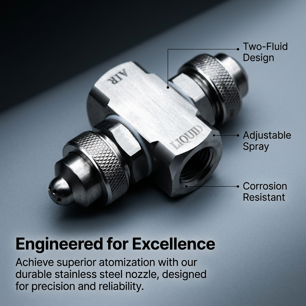 Stainless Steel Misting Nozzle, Industrial Fine Mist Spray Tip, Low Pressure Humidification Nozzle, Two Fluid, 1/4 Pressure Siphon Type