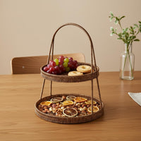 2 Tier Woven Tray Multi Layer Rattan Fruit Basket Decorative for Afternoon Tea