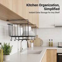Iron Hanging Basket for Kitchen Cabinet Storage, No Drill Shelf Organizer with Hook-On Design, Stainless Steel Wire for Bedroom