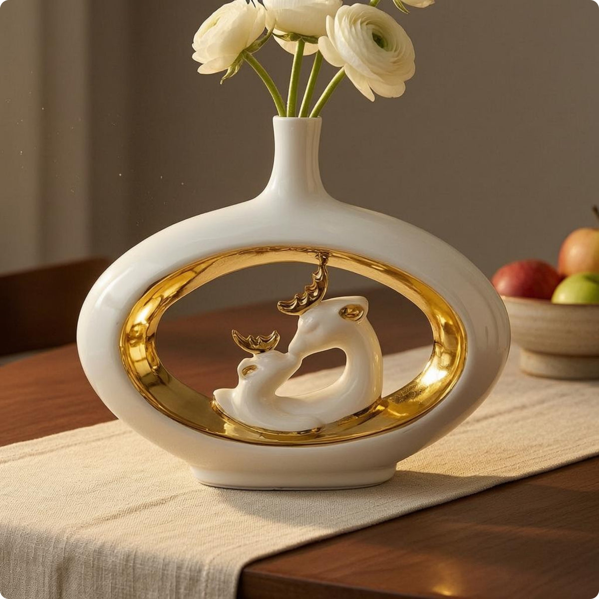 ceramic Deer Vase Narrow Opening Golden Highlight Vase Ornament for Floral Display