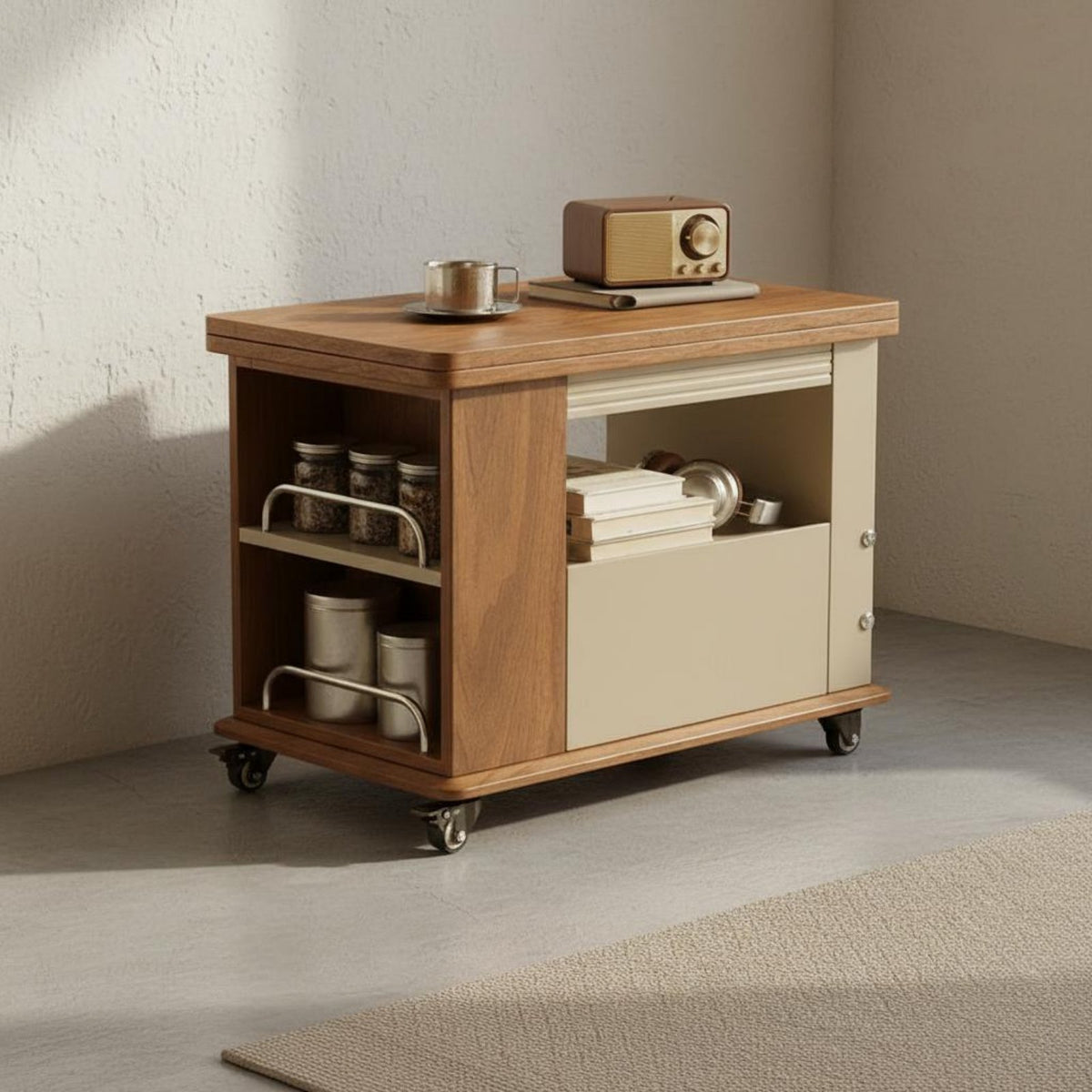 Earthy Simplicity End Table Solid Wood Rolling Side Table Multifunctional Storage Trolley Space-saving Expandable Top Suitable for Living Room Home Office Bedroom Lounge