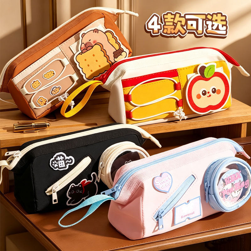 Cute Drawstring Pencil Case, Large Capacity, Canvas, Korean Style, Unisex