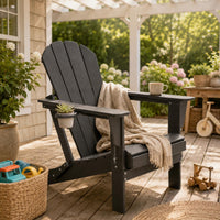 Folding Adirondack Chair Cup Holder Foldable Patio Lounge Chair Garden Furniture Wide Armrests Wood-Grain for Backyard