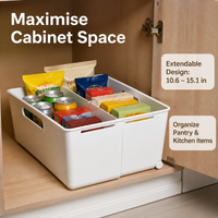 Moveable Storage Box, Adjustable Storage Tub 27-38.5cm, Wheeled Cabinet Organizer for Kitchen & Bathroom, White Synthetic Material