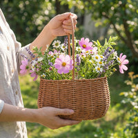 Woven Wicker Basket with Handle and Waterproof Liner, Rustic Rattan Storage Hamper, Empty Easter Basket for Egg Hunts, Flower Girls, Wedding and Spring Garden Decoration