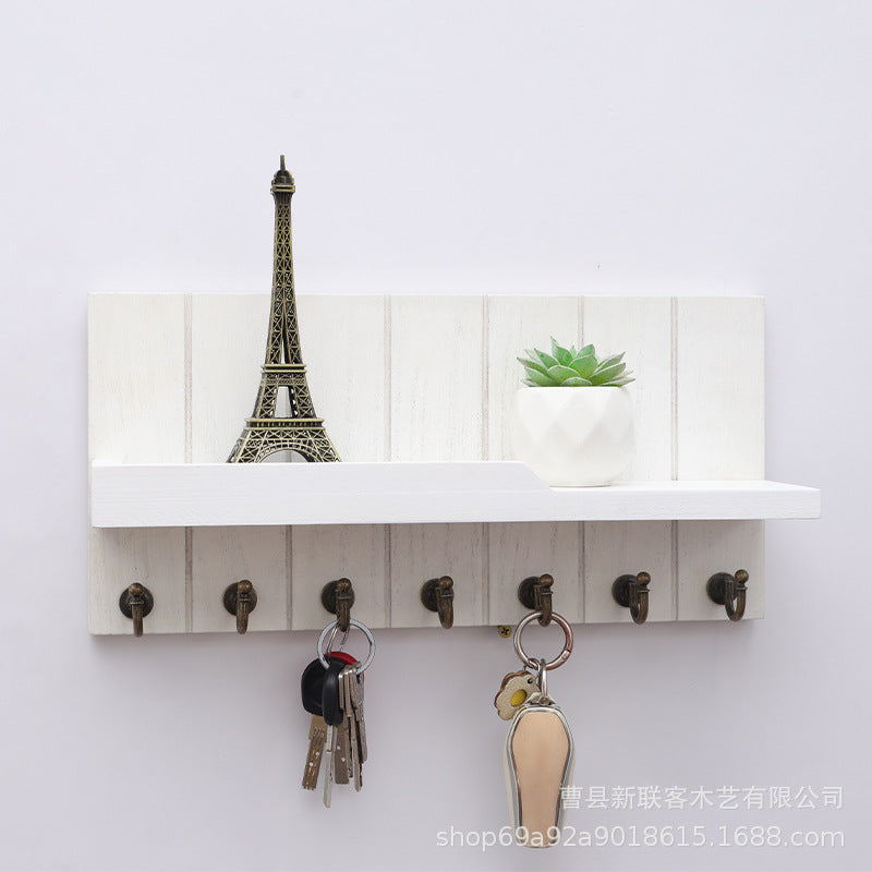 Wooden Wall-Mounted Entryway Key Rack, No Drilling, Wall Hooks, Multi-functional Storage Shelf