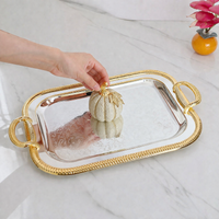 Luxury Square Serving Tray with Handles, Electroplated Metal Serving Platter for Coffee Table Decor, Silver Gold Highlight