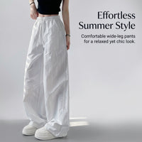 Ladies Trousers for Women UK with Elasticated High Waist, Wide Leg Summer Style in Cooling Ice Silk Material