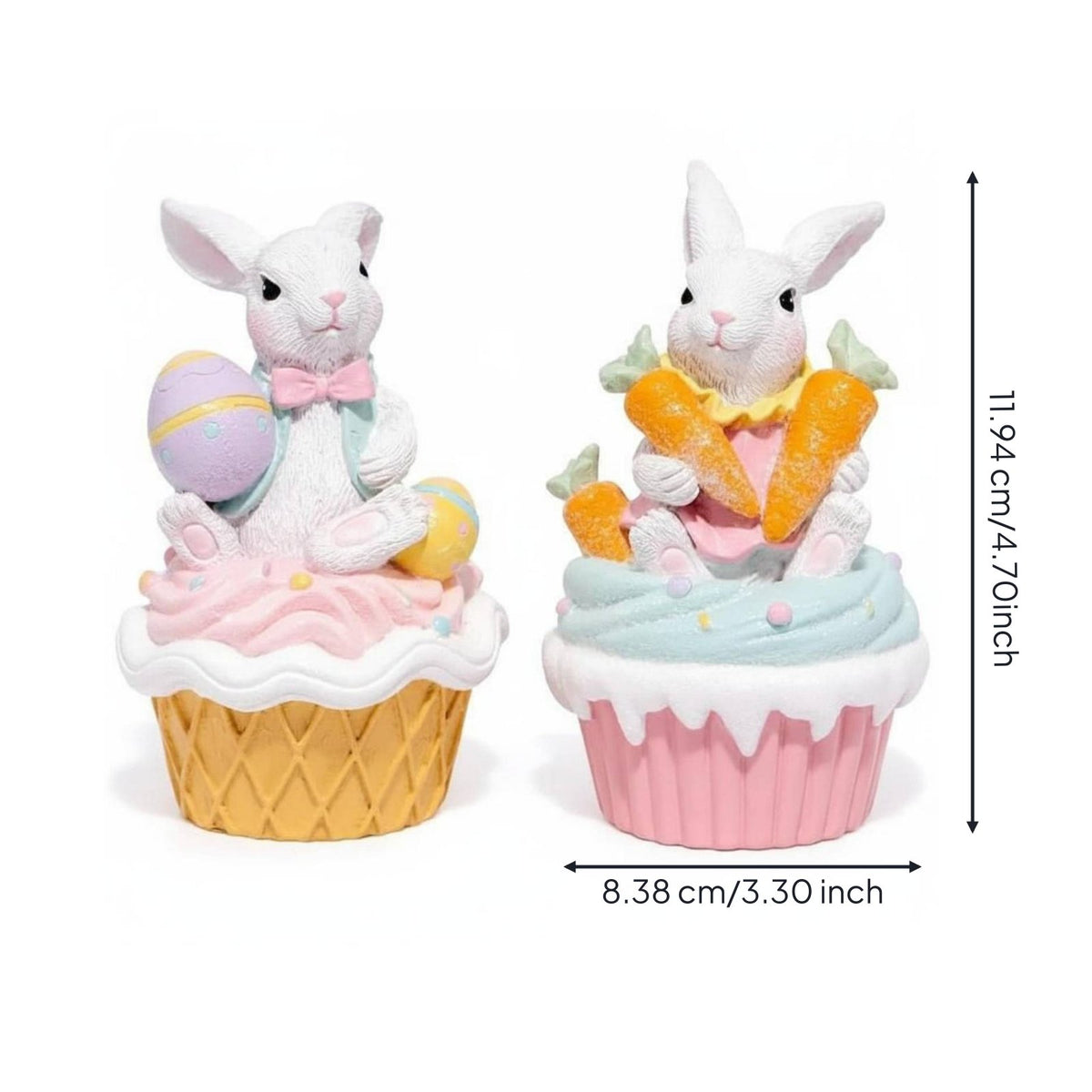 2 Pieces Bunny Cupcake Figurine Cute Design Easter Rabbit Statue Pastel Colors