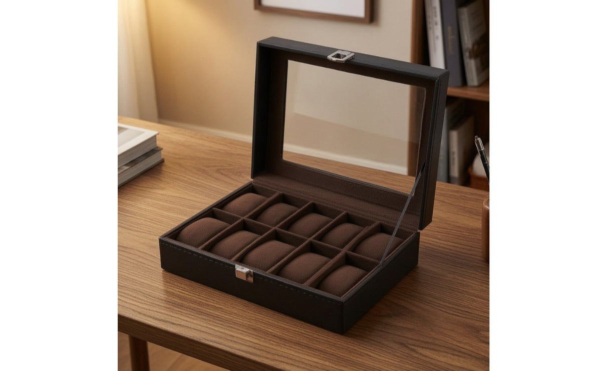 Watch Box with Glass Lid Preserving Watch Display Case Hinged Organizer for Countertop