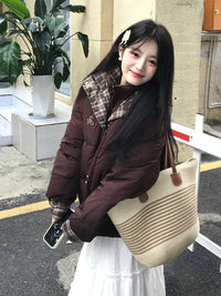 棉衣女款爆款2025新款小个子冬季美式格子棉服潮牌宽松面包服外套