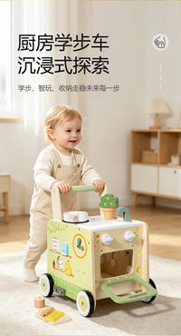 Wooden Multi-Functional Kitchen Walker Toy for Toddlers, Early Education Push Cart