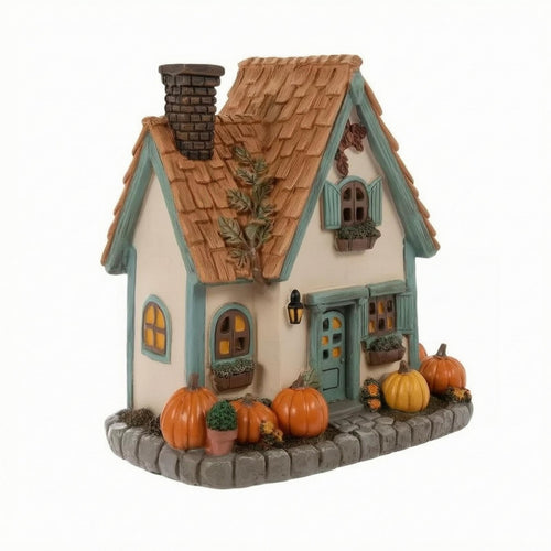 Autumn House Figurine Pumpkin Accents Miniature House Decor Molded Details