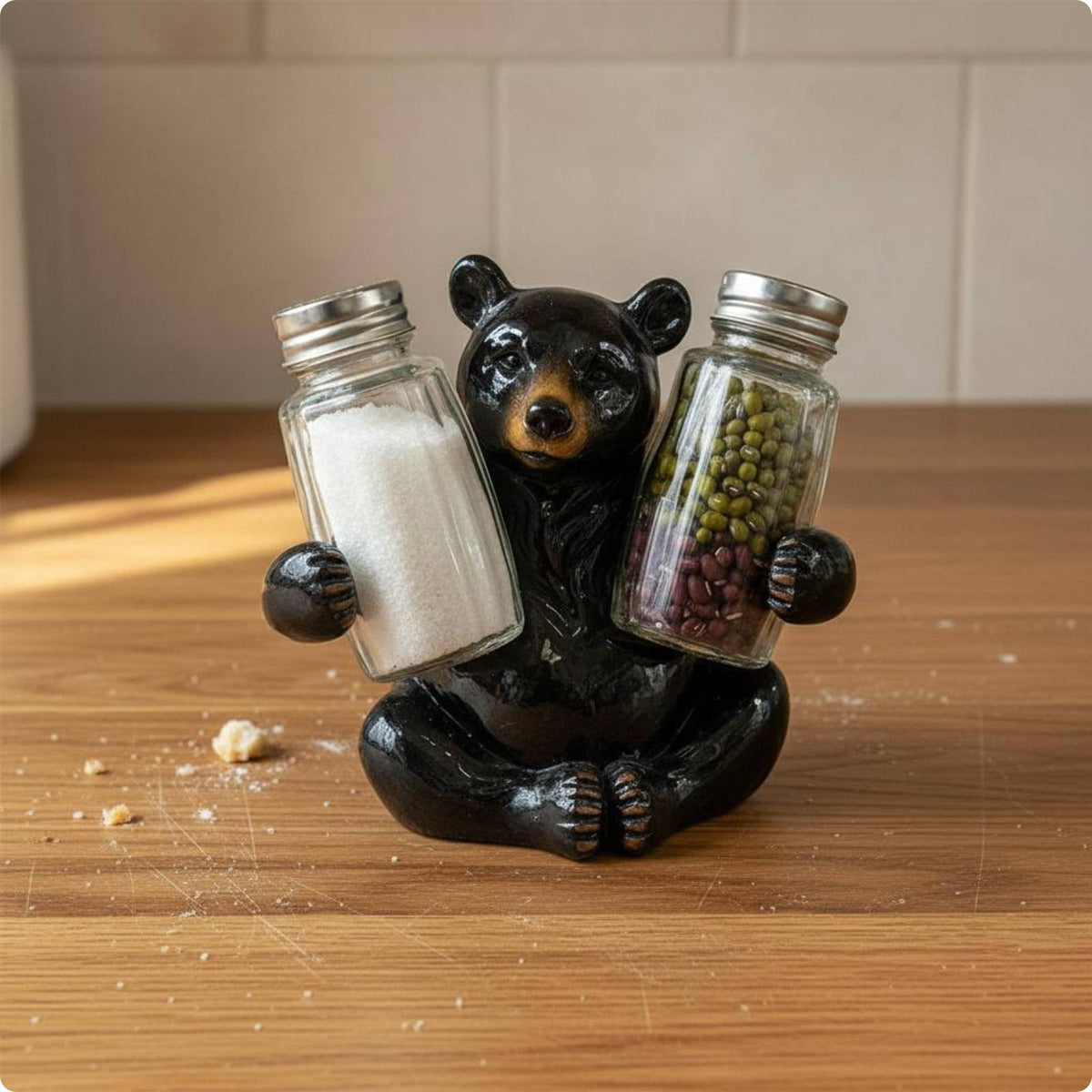Bear Seasoning and Pepper Shaker Set Glass Shakers Bear Condiment Stand