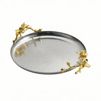 Round Tray with Floral Accents Gold-Toned Round Serving Tray Textured for Home Stylists, Hosts, Coffee Table, Vanity