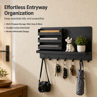 Black Carbon Steel Key Holder, Wall Mounted Key Hanger with Multiple Hooks & Mail Slot, Modern Minimalist Key Rack for Entryway Storage