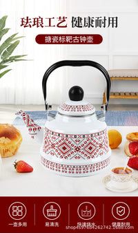 Enamel Whistling Kettle with Black Handle, Vintage Clock Pattern, for Tea or Boiling Water