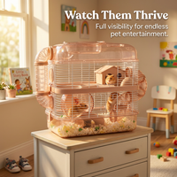 Multi-Level Hamster Cage with Tubes, Acrylic Transparent Viewing Top, Modular Hamster Habitat for Enrichment, Silent Running Wheel