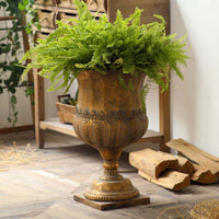 Pedestal Vase Antique-Vintage-Look Vase with Edge Embossed Urn with Square Base for Living Room