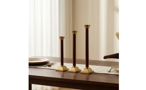 3 Pieces Modern-Retro Taper Candle Holder Brass-Colored Taper Candle Holder with Metal Cup Slim Candlestick with Wooden Stem Tapered for Tabletop, Dining Table, Mantel