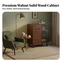 Walnut Dining Buffet Solid Wood Storage Sideboard Cabinet with Fluted Glass Doors and Spacious Countertop Suitable for Adults Renters Entryway Dining Room Living Room
