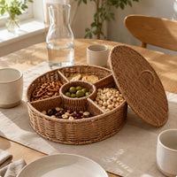 Woven Snack Basket with Lid Divided Compartments Woven Fruit Basket Handwoven Rattan Fruit Tray for Tabletop