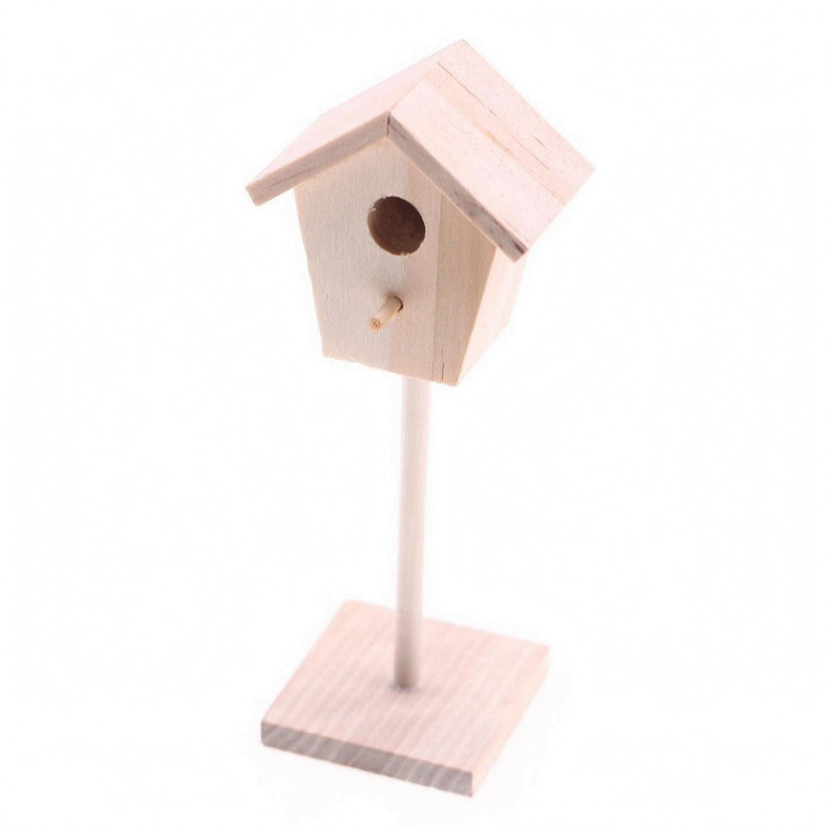 Mini Wooden Birdhouse Ornament Wood Finish Miniature Birdhouse on a Post Pitched Roof Wooden House Ornament with Base for Dollhouse, Courtyard