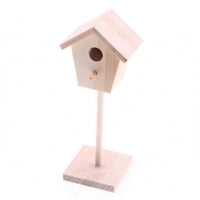 Mini Wooden Birdhouse Ornament Wood Finish Miniature Birdhouse on a Post Pitched Roof Wooden House Ornament with Base for Dollhouse, Courtyard