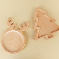 Simple Wooden Tray with Cartoon Christmas Tree Design, Beech Snack Plate