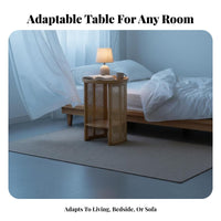 Dual-Level Round Nightstand Japanese Design 2-Tier Round Table Rattan Weave Design Rounded Edges for Bedroom, Small Spaces