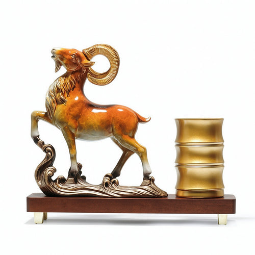 Pen Holder Matte Professional Scratch-resistant Pencil Holder Heavy-duty Rust-resistant Fade-resistant Desk Organizer Featuring Ribbed Banded Form and Horned Animal Sculpture Suitable for Bookshelf Study Reception Area
