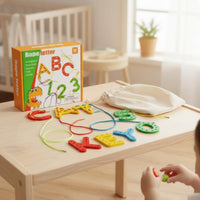 Early Learning Number and Letter Threading Toy Develops Fine Dexterity Skills Educational Stringing Beads Set Hand-Eye Coordination Wooden Alphabet Lacing Cards Cognitive Development for Toddlers, Preschoolers, Kids 3+