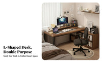 Modern Simple Design L-Shaped Desk with Shelves Integrated Bookshelf L-Shaped Desk with Storage Wide Desktop Computer Table Sturdy Frame for Students, Professionals, Adults, Bedroom, Study Room, Work