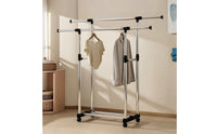 Adjustable Double Rod Clothes Rack Extendable Double Rod Clothing Rack Space-Saving Furniture Heavy Duty for Renters, Students, Bedroom, Laundry Room, Apartment