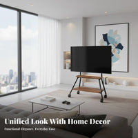 Rolling TV Mount Cart Universal Fit Mobile TV Stand Full-rotation Wheels Casters Portable Television Trolley with Stainless Steel and Wood-grain Shelves for Suitable for Conference Room Small Areas Home Decoration Office Use