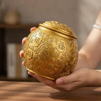Embossed Storage Jar Chinese-Style Metal Canister with Lid Gold-Colored