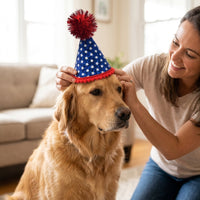 Dog Birthday Costume Hat & Bib Set, Red White Blue, Pet Birthday Outfit for Small & Medium Dogs