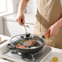 Frying Pan with Glass Lid and Wooden Handle, Heavy Duty Cast Iron Skillet for Steak, Nonstick Pancake Pan and Egg Pan, Flat Bottom Iron Pan