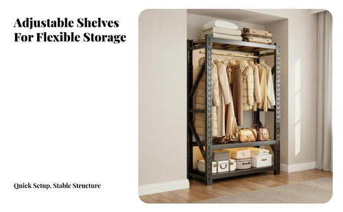 Easy Assembly Standal Single Standing Clothes Rack with Shelves Large Capacity Standal Single Standing Garment Rack Space Saving Accessible Concept Wardrobe Multi-Functional for Students, Renters, Homeowners, Entryway, Cloakroom, Apartment, Dorm Room