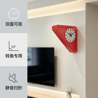 墙面免打孔三角红色双面钟艺术亚克力磨砂静音挂钟转角客厅装饰
