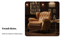 French Retro Design Upholstered Armchair Vintage and elegance Single Sofa Deep Seat Lounge Chair dense Foam pad for Interior Designers, Business Owners, private club, Hotel Lobby, Reception Area, Living Room