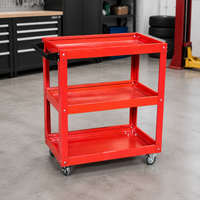 3-Tier Rolling Tool Cart, Red Painted Steel Service Cart 70x35cm, Mechanic Workshop Trolley with Locking Wheels