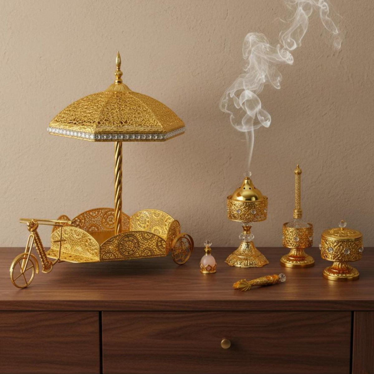 6 Pieces Ornate Carriage Scent Burner Gift Idea Golden-Hued Burner Set Stable Base B