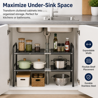 Matte Black Under Sink Organiser, Adjustable Width 525-880mm Metal Pull Out Drawers for Cabinets, Under Sink Storage for Cleaning Supplies
