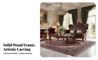 European Design Living Room Sofa Double-Sided Carving Ornate Solid Wood Sofa Elegant Design American Design Leather Couch for Hotel Owners, Adults
