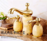 European-Style Three-Hole Basin Faucet with Natural Jade, Brass, Antique Finish
