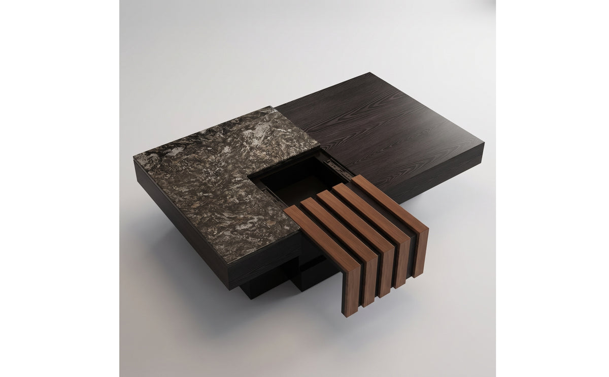 Sliding Surface Coffee Table Marble-Textured Coffee Table with Storage Rectangular for Living Room