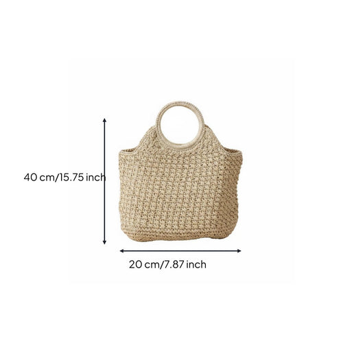 Round Handle Straw Bag Handmade Straw Tote Bag Large Capacity for Commuting